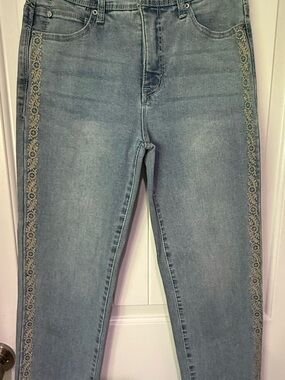 Light Blue Skinny Jeans with Tan Lace Side Trim
